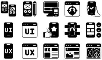 conjunto de iconos vectoriales relacionados con ux y ui. contiene íconos como navegación, prototipo, prueba, ui, ux, diseño web y más. vector