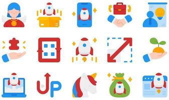 Set of Vector Icons Related to Startups. Contains such Icons as Investor, Launch, Partnership, Pitching, Rocket, Startup and more.