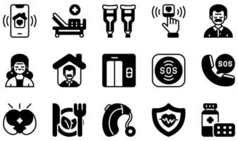 Set of Vector Icons Related to Nursing Home. Contains such Icons as Application, Bed, Crutches, Pulse Oximeter, Elderly, Emergency Call and more.