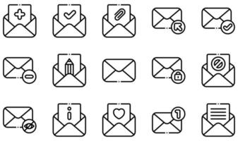 conjunto de iconos vectoriales relacionados con el correo electrónico. contiene íconos como agregar, aprobar, arroba, hacer clic, completar, eliminar y más. vector