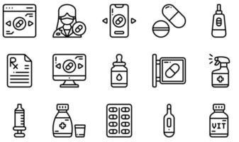 conjunto de iconos vectoriales relacionados con la farmacia. contiene íconos como farmacia en línea, píldoras, embarazo, farmacia en línea, suero, aerosol y más. vector