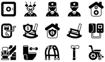 Set of Vector Icons Related to Nursing Home. Contains such Icons as Mental Health, Nurse, Nursing Home, Retirement, Rocking Chair, Stair and more.