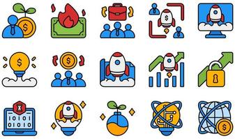 conjunto de iconos vectoriales relacionados con las nuevas empresas. contiene íconos como quemar, crowdfunding, diseño, crecimiento, hackathon, idea y más. vector