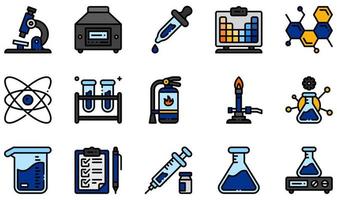 conjunto de iconos vectoriales relacionados con el laboratorio de química. contiene íconos como microscopio, centrífuga, cuentagotas, molecular, átomo, vaso de precipitados y más. vector