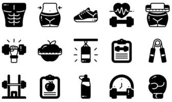 Set of Vector Icons Related to Fitness. Contains such Icons as Six Pack, Waist, Waist, Dumbbell, Boxing Bag, Boxing Bag and more.