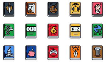 conjunto de iconos vectoriales relacionados con libros. contiene íconos como libro de aventuras, libro de arte, audiolibro, libro para bebés, libro de codificación, diccionario y más. vector