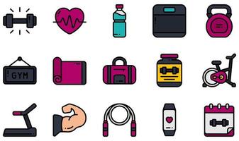 Set of Vector Icons Related to Fitness. Contains such Icons as Dumbbell, Heartbeat, Kettlebell, Yoga Mat, Cycling, Jump Rope and more.