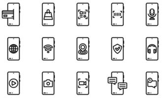 Set of Vector Icons Related to Mobile Functions. Contains such Icons as Online Payment, Phone Call, Qr Code, Settings, Transfer, Upload and more.