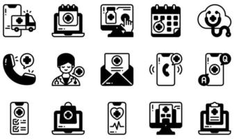 Set of Vector Icons Related to Telemedicine. Contains such Icons as Ambulance, Appointment, Buy Online, Consultation, Faq, Healthcare and more.