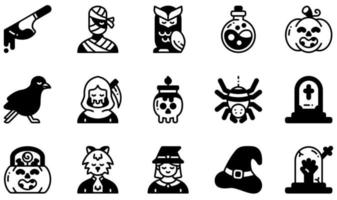 Set of Vector Icons Related to Halloween. Contains such Icons as Knife, Mummy, Owl, Pumpkin, Reaper, Witch and more.