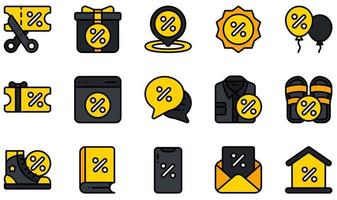 Set of Vector Icons Related to Discount. Contains such Icons as Scissors, Gift, Summer Sale, Chat Bubble, Online Discount, Discount Voucher and more.