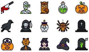 conjunto de iconos vectoriales relacionados con halloween. contiene íconos como cuchillo, momia, búho, calabaza, segador, bruja y más. vector