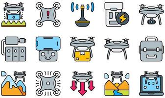 Set of Vector Icons Related to Drones. Contains such Icons as Agriculture , Antenna, Battery, Camera Drone, Drone, High Tech and more.