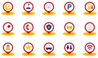 conjunto de iconos vectoriales relacionados con el marcador de posición. contiene íconos como museo, estacionamiento, farmacia, teléfono, estación de policía, restaurante y más. vector
