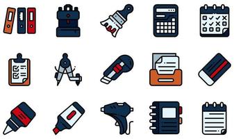 conjunto de iconos vectoriales relacionados con papelería. contiene íconos como archivos, mochila, calculadora, portapapeles, cortador, pegamento y más. vector