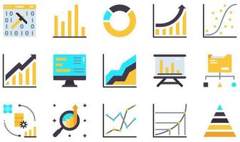 conjunto de iconos vectoriales relacionados con el análisis de datos. contiene íconos como minería, gráfico de barras, gráfico circular, gráfico de crecimiento, gráfico de dispersión, informe de datos y más. vector