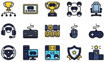 conjunto de iconos vectoriales relacionados con los deportes electrónicos. contiene íconos como torneo, premio, trofeo, equipo, silla de juego, clasificación y más. vector