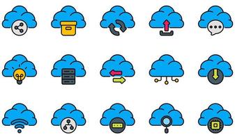 conjunto de iconos vectoriales relacionados con la tecnología de la nube. contiene íconos como configuración, carga en la nube, comunicación, centro de datos, infraestructura, administración y más. vector