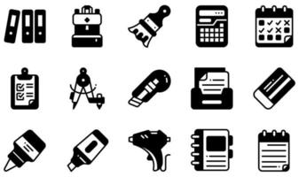 conjunto de iconos vectoriales relacionados con papelería. contiene íconos como archivos, mochila, calculadora, portapapeles, cortador, pegamento y más. vector