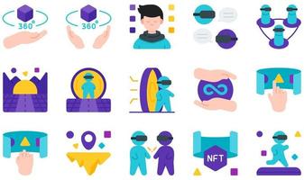 conjunto de iconos vectoriales relacionados con el metaverso. contiene íconos como comunidad, avatar, comunidad, ciberespacio, infinito, interacción y más. vector