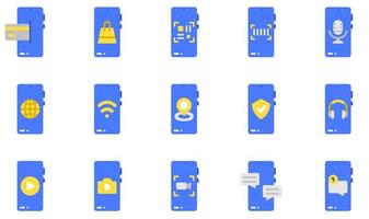conjunto de iconos vectoriales relacionados con funciones móviles. contiene íconos como pago en línea, llamada telefónica, código qr, configuración, transferencia, carga y más. vector