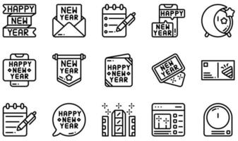 Set of Vector Icons Related to New Year. Contains such Icons as Happy New Year, Invitation, List, New Year, Postcard, Times Square and more.