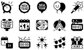 conjunto de iconos vectoriales relacionados con el año nuevo. contiene íconos como insignia, globo, calendario, tarjeta, cuenta regresiva, fuegos artificiales y más. vector