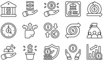 Set of Vector Icons Related to Investment. Contains such Icons as Banking, Barrel, Bitcoin, Bond, Cash Flow, Clock and more.