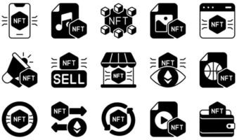 conjunto de iconos vectoriales relacionados con nft. contiene íconos como música, nft, foto, plataforma, venta, token y más. vector