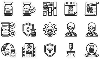 conjunto de iconos vectoriales relacionados con la vacuna. contiene íconos como ampolla, aprobación, certificado, desarrollo, médico, hospital y más. vector