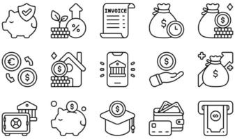 conjunto de iconos vectoriales relacionados con la banca. contiene íconos como seguros, intereses, facturas, préstamos, dinero, ahorros y más. vector