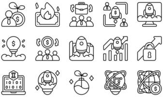 Set of Vector Icons Related to Startups. Contains such Icons as Burn, Crowdfunding, Design, Growth, Hackathon, Idea and more.