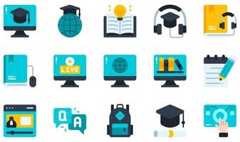 conjunto de iconos vectoriales relacionados con el aprendizaje en línea. contiene íconos como audiolibro, audiocurso, mochila, certificación, biblioteca digital, libro electrónico y más. vector