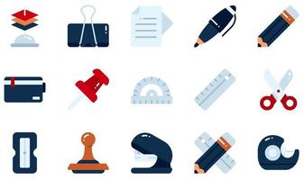 Set of Vector Icons Related to Stationery. Contains such Icons as Paper Holder, Paperclip, Pen, Pencil, Pencil Case, Ruler and more.