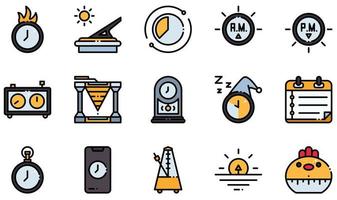 conjunto de iconos vectoriales relacionados con el tiempo. contiene íconos como fecha límite, reloj de sol, lapso de tiempo, reloj de ajedrez, reloj de agua, reloj de péndulo y más. vector