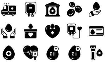Set of Vector Icons Related to Blood Donation. Contains such Icons as Blood Bag, Blood Bank, Blood Donation, Blood Donor Card, Blood Drop, Blood Pressure and more.