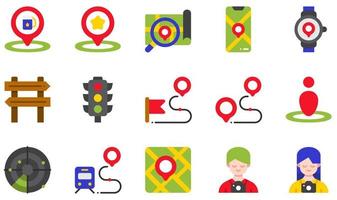 conjunto de iconos vectoriales relacionados con mapas y navegación. contiene íconos como calificación, búsqueda, teléfono, reloj, ruta, turista y más. vector