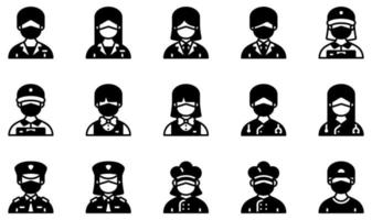 conjunto de iconos vectoriales relacionados con avatares con máscaras médicas. contiene íconos como recepción, hombre de negocios, repartidor, cantinero, médico, policía y más. vector