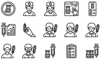 conjunto de iconos vectoriales relacionados con la vacuna. contiene íconos como enfermera, farmacia en línea, estadísticas, jeringa, vacunación, vacuna y más.