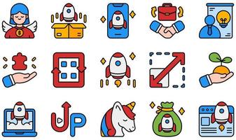 Set of Vector Icons Related to Startups. Contains such Icons as Investor, Launch, Partnership, Pitching, Rocket, Startup and more.