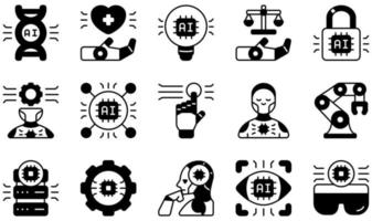 conjunto de iconos vectoriales relacionados con la inteligencia artificial. contiene íconos como salud, idea, ley, aprendizaje automático, robótica, brazo robótico y más. vector