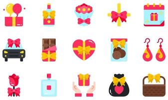 conjunto de iconos vectoriales relacionados con el regalo. contiene íconos como globos, ramo, barra de chocolate, caja de chocolate, galletas, flores y más. vector