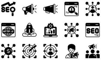 conjunto de iconos vectoriales relacionados con seo y marketing. contiene íconos como seo, megáfono, megáfono, redes sociales, sitio web, marketing social y más. vector