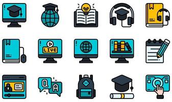 conjunto de iconos vectoriales relacionados con el aprendizaje en línea. contiene íconos como audiolibro, audiocurso, mochila, certificación, biblioteca digital, libro electrónico y más. vector