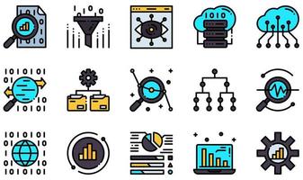 Set of Vector Icons Related to Data Analysis. Contains such Icons as Data Visualization, Big Data, Cloud Data, Traffic Analyse, Global Data, Statistics and more.