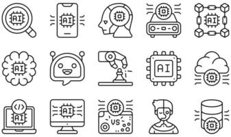 conjunto de iconos vectoriales relacionados con la inteligencia artificial. contiene íconos como análisis, inteligencia artificial, blockchain, cerebro, chatbot, codificación y más. vector