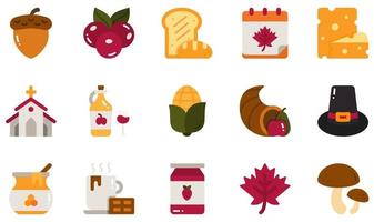 conjunto de iconos vectoriales relacionados con el día de acción de gracias. contiene íconos como bellota, bayas, queso, iglesia, cornucopia, miel y más. vector