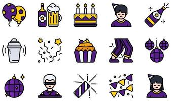 Set of Vector Icons Related to Party. Contains such Icons as Balloons, Birthday Cake, Champagne, Confetti, Disco, Garland and more.