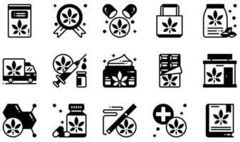 Set of Vector Icons Related to Cannabis . Contains such Icons as Pills, Cbd Cream, Chocolate Bar, Store, Drugs, Marijuana and more.