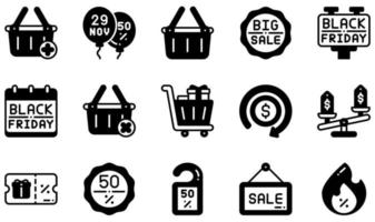 Set of Vector Icons Related to Black Friday. Contains such Icons as Add, Basket, Big Sale, Black Friday, Cancel, Cashback and more.